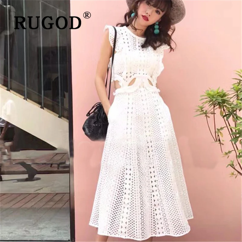 

RUGOD Elegant white lace Hollow out women dress Fashion Waistless long maxi party dress female clothing 2019 Sexy summer dress