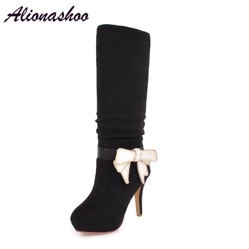 

Alionashoo Plus Size 34-43 Women Boots Autumn Winter Long Knee Boots Mid-calf Femininos Square Platform High Heels bota feminina