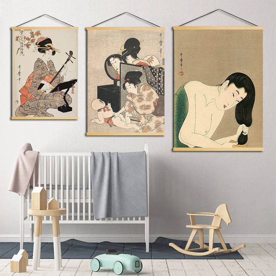 

Modern Wall Art Painting Japanese Geisha Print Text Canvas Solid Wood Hanging Scrolls Posters for Living Room Home Decoration