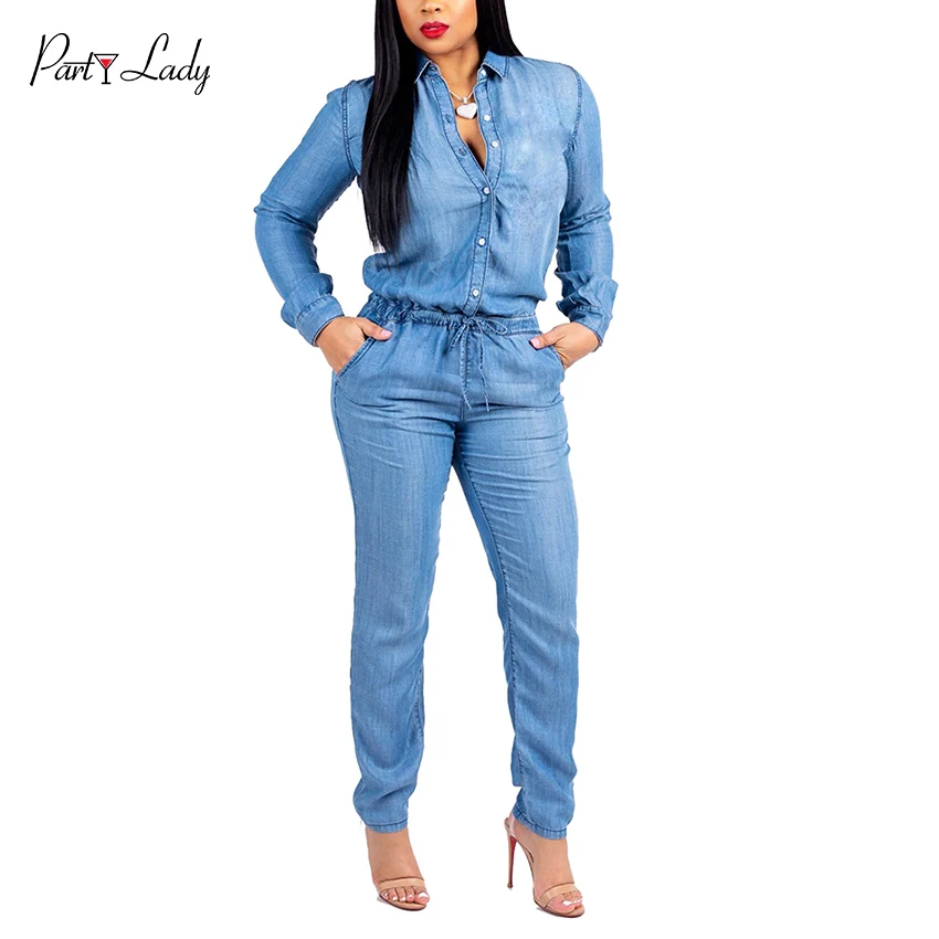 Party Lady 2018 Party Club Jumpsuits For Women Autumn Winter Blue Color Deep V-neck  Rompers Sexy Solid Button Girls Jumpsuit -C