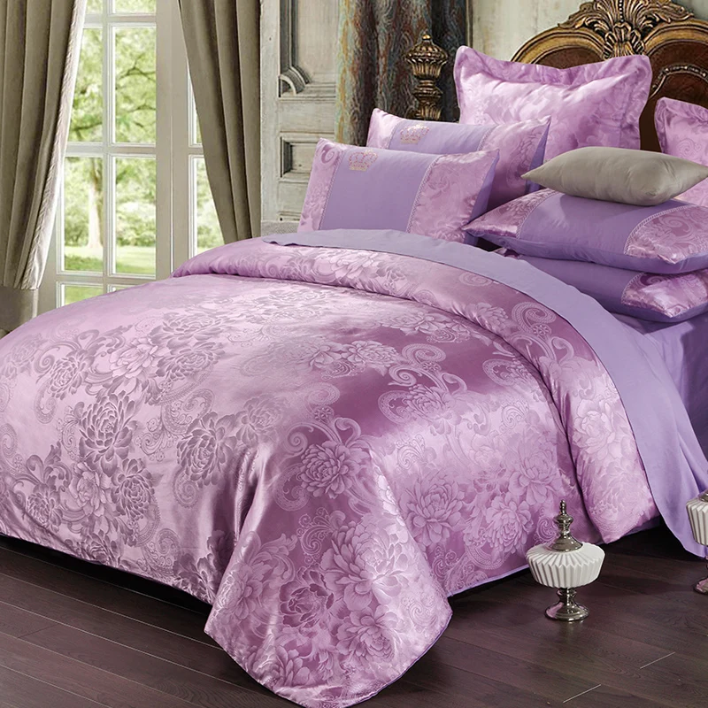 Фиолетовые цветы, сатин, шелк, жаккард, Комплект постельного белья, домашний текстиль, 4 шт., роскошное постельное белье, Комплект постельного белья, хлопок, queen king size