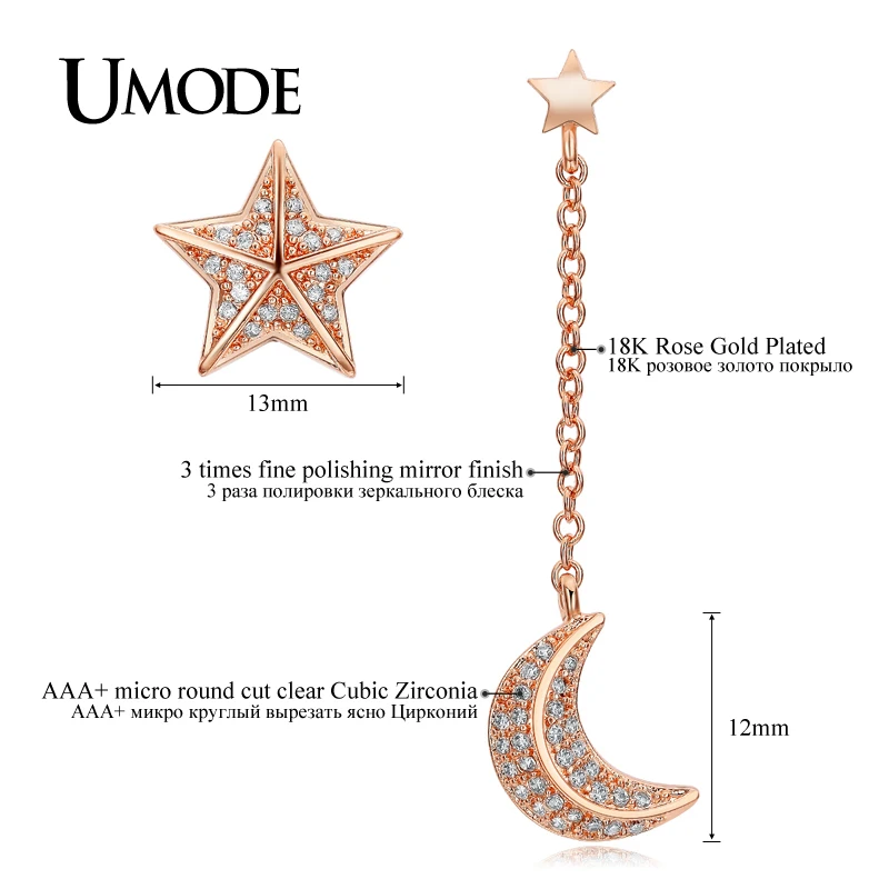 Женские серьги капли UMODE Brincos с цепочкой в виде звезды и Луны белого/розового