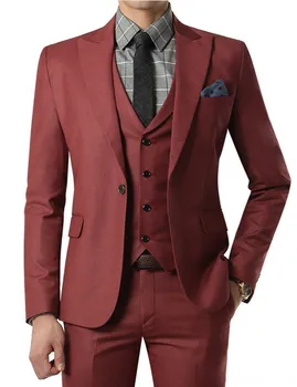 

2018 Wine red Suit Custom Made Wedding Suits With Pants Mens Tuxedos Grooms Shawl Black Lapel One Button( jacket+Pants+vest+tie)
