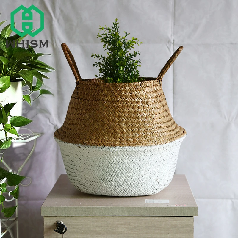 WHISM Foldable Flowerpot Seagrass Rattan Flower Pot Decorative Colorful Planter Pot Storage Basket for Home Balcony Garden Decor