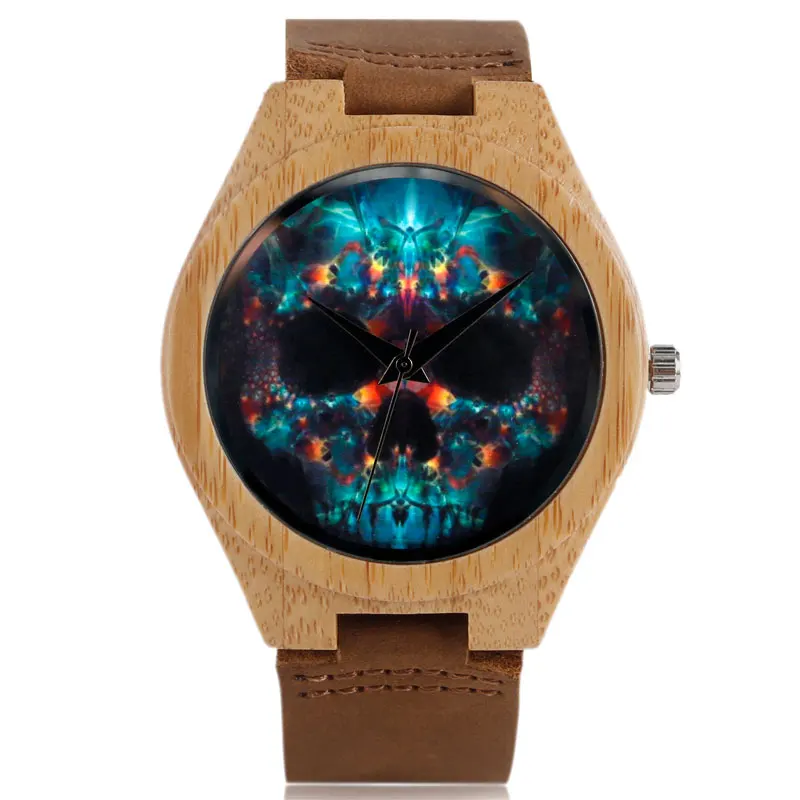 

2016 New Arrival Wood Watches Skull Gothic Style Wrist Watch Blue Dial Analog Quartz Watch Men's Brown Dress Watch