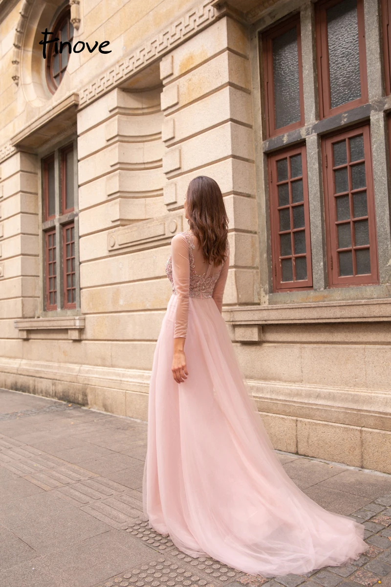 Finove платье для выпускного вечера длинное вышитое бисером кристаллы тюль элегантное в пол с полными длинными рукавами вечерние женские платья vestido de fiesta