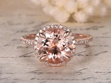 MYRAY 14k Rose Gold Natural 9x9mm Round Pink Morganite Stone Diamond Halo Engagement Ring Vintage Wedding Women Rings Thin Band