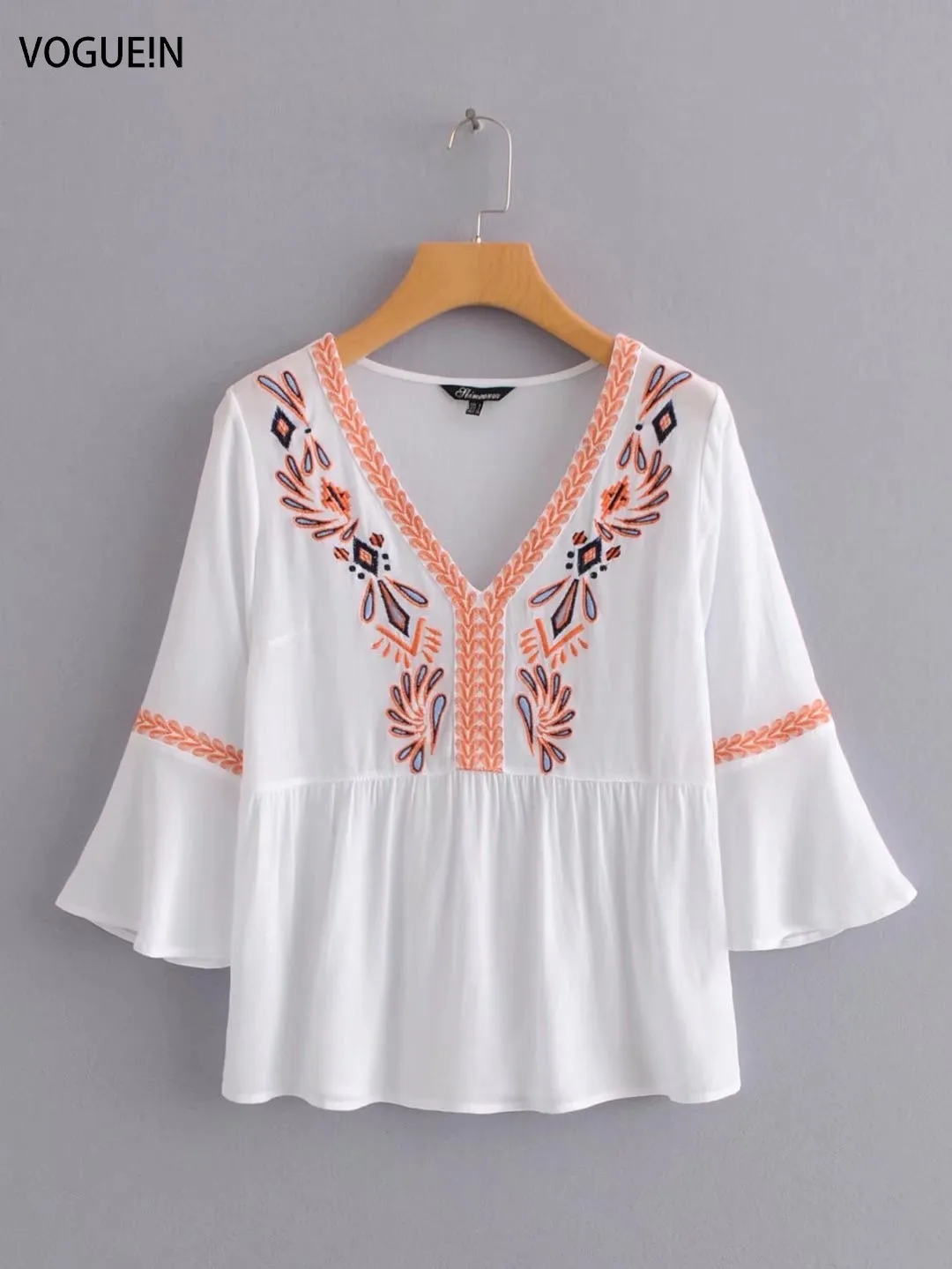 VOGUEIN Новая Женская этническая блузка с v образным вырезом и цветочной вышивкой