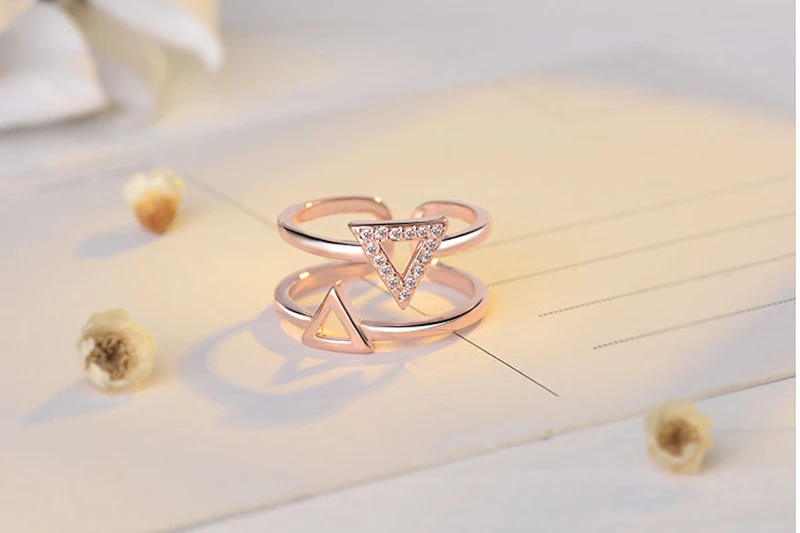 

Fashion Women's Accessories Rings Geometric Two-layer Triangle Zircon Open Adjustable Rose Gold Silver Color Jewelry Finger Ring