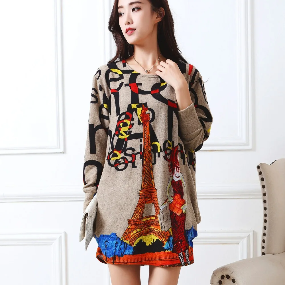 

New 2018 antumn winter Fashion Women long sleeve Dresses Plus Size Dress Loose girl casual tops tunic pullover Eiffel Tower