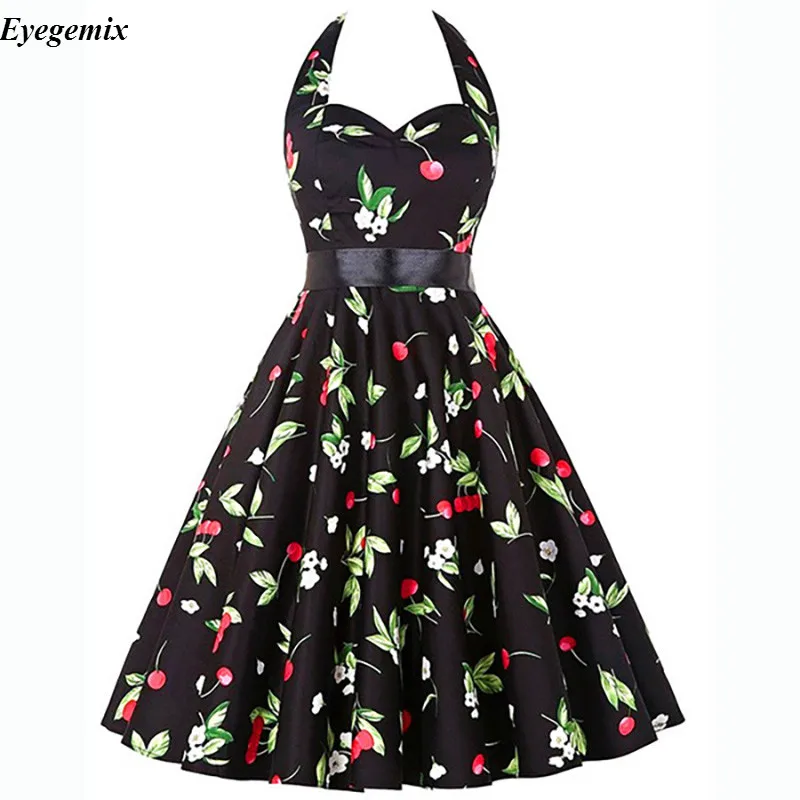 

Women Summer Dress Halter 2017 Big Size Audrey Hepburn Floral Robe Retro Swing Casual 50s Vintage Rockabilly Dresses Vestidos