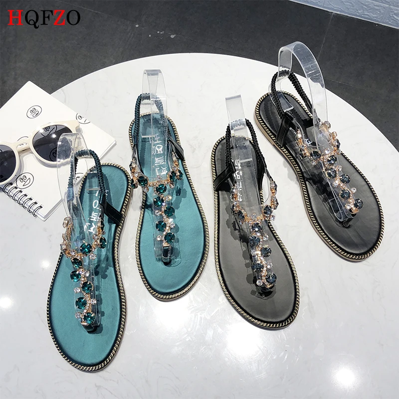 

HQFZO Flats Sandal Crystal Woman Beach Flip Flop Ladies T-strap Flip Flops Thong Sandals Elastic Band Ladies Gladiator Slippers