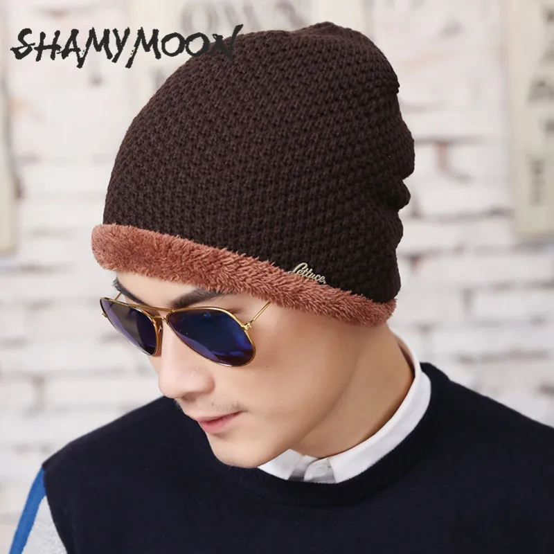 

SHAMYMOON Men Knitted Caps Thicken Windproof Fleece Hedging Hat Double Warm Knitted Men's Outdoor Autumn Winter Hats HT043