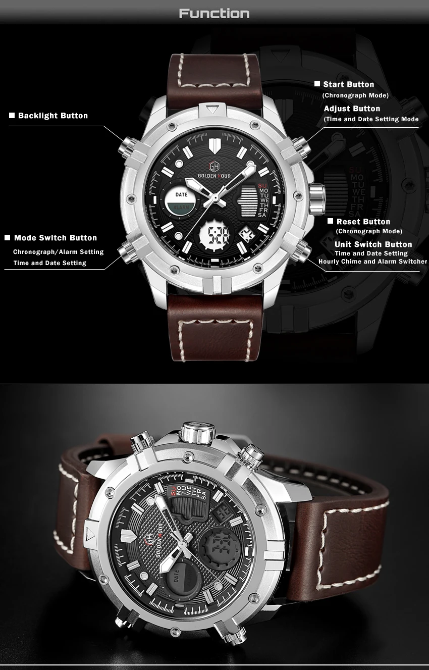 GOLDENHOUR Топ люксовый бренд Модные мужские водонепроницаемые спортивные часы ЖК аналоговые кожаные цифровые часы relogio masculin