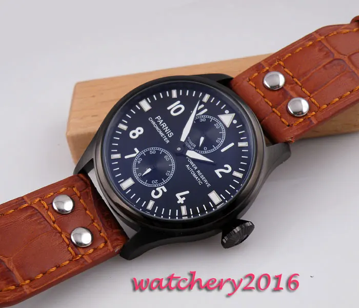 

47mm parnis Black dial Rivets Leather Strap Calendar Chronograph power reserve PVD Case ST 2542 Automatic mechanical Mens Watch