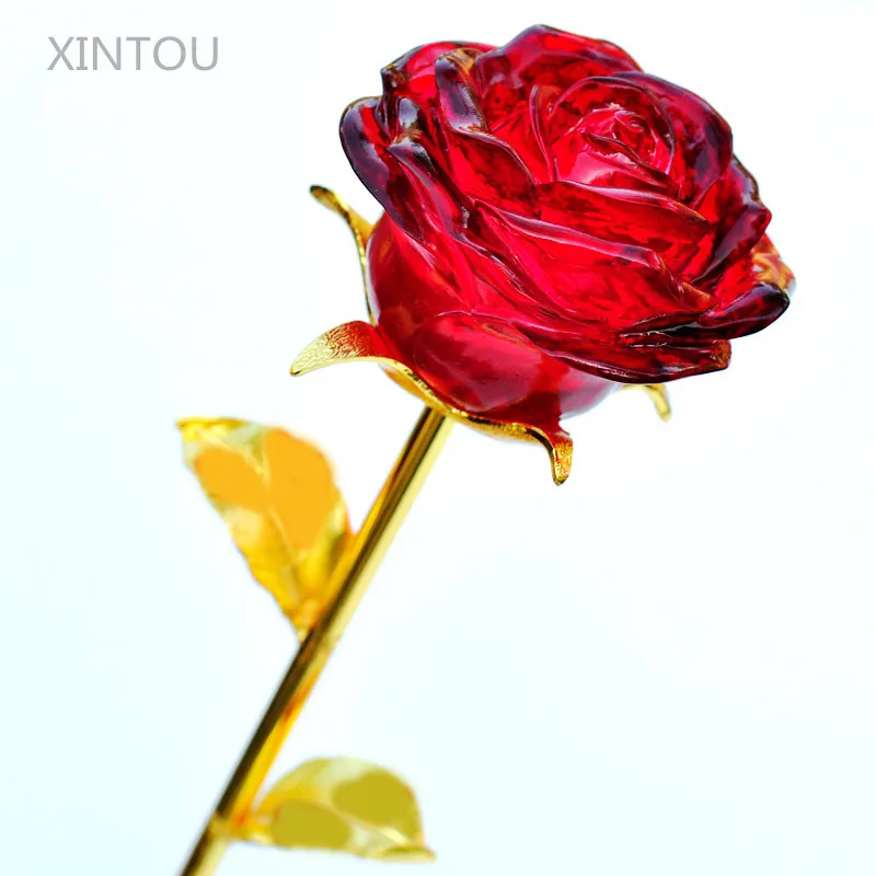 

XINTOU Crystal Glass Eternal Rose Flower Figurines Miniature Gold Leaf Artificial Flowers Wedding Valentine's Day Crafts Gifts