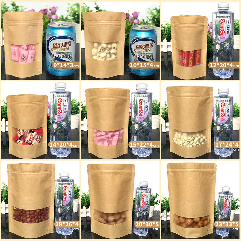 Stand Up Zip Lock Kraft Paper Window Bag Heat Seal Valve Doypack Zipper with Frosted Window