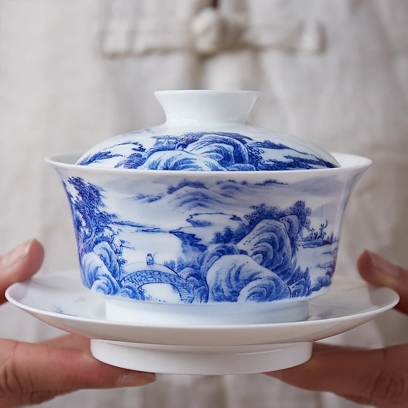 220 мл Цзиндэчжэнь фарфоровая чайная чаша синий и белый фарфор Tureen ручная роспись горная вода узор Gaiwan чайная чашка чайная посуда - Цвет: A
