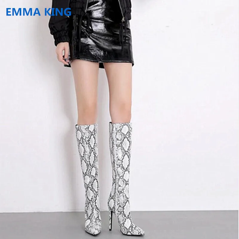 

Botas Mujer Sexy Snake Prints Pointed Toe High Heels Boots Women Spring Side Zipper Stilettos Fashion Knee High Knight Boots