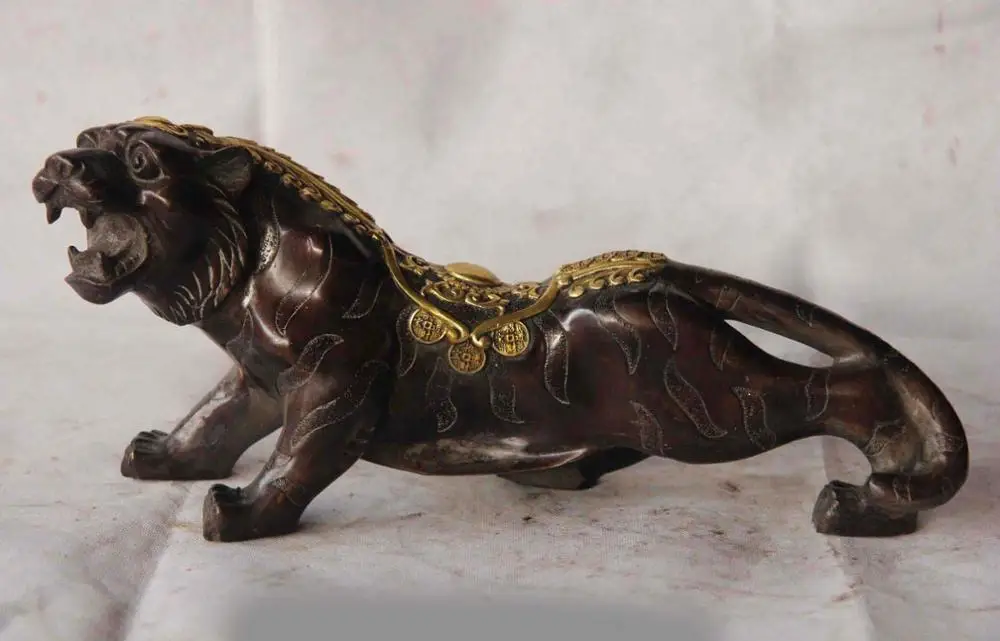 

China Folk Old Bronze Copper gild Feng Shui Wealth Money Zodiac Tiger Art Statue