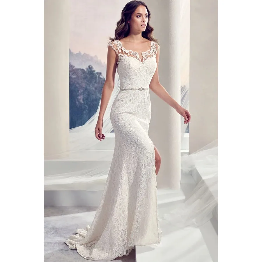 

Elegant Lace Mermaid Wedding Dress Sexy Side Slit Beaded Waist Sheer Scoop Cap Sleeve Illusion Long Bridal Gown Robe de mariee