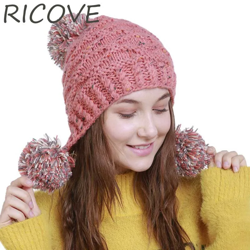 Winter Beanie Three Pompoms Knit Earflap Hat Women Warm Skullies