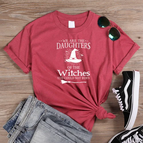 ONSEME/футболка с надписью «We Are The daughers Of The Witches» женские футболки на Хеллоуин базовые хлопковые футболки Harajuku, Графический Топ с изображением ведьмы - Цвет: HeatherRed-White
