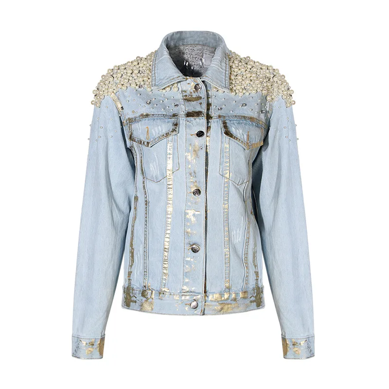 New Women Denim Coat Spring Pearl Beading Vintage Jacket Light Blue