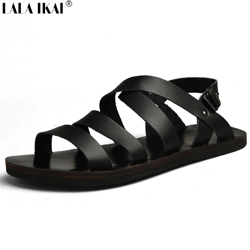 Summer Men Sandals Leather Vintage Flat Heel Solid Buckle Beach