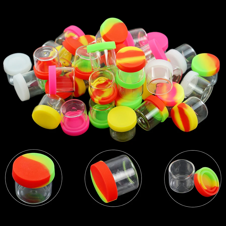 

100pcs Non-Stick Glass Jars Wax Container 6ml Jars Dry Concentrate Container wax jar glass Bottle with silicone lid
