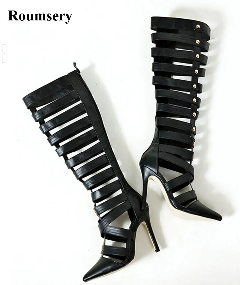 

New Design Women Fashion Pointed Toe Black Leather Knee High Sandal Boots Strap Cross Spike High Heel Gladiator Boots