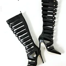 Дизайн; женские модные черные кожаные сапоги до колена с острым носком; сандалии-гладиаторы на высоком каблуке с перекрестными ремешками