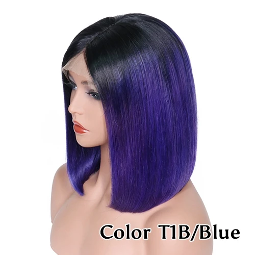 Парики из натуральных волос на кружеве для черных женщин прямой Омбре короткий парик-Боб предварительно сорванный 613 блонд розовый синий бордовый 99J - Цвет: Синий