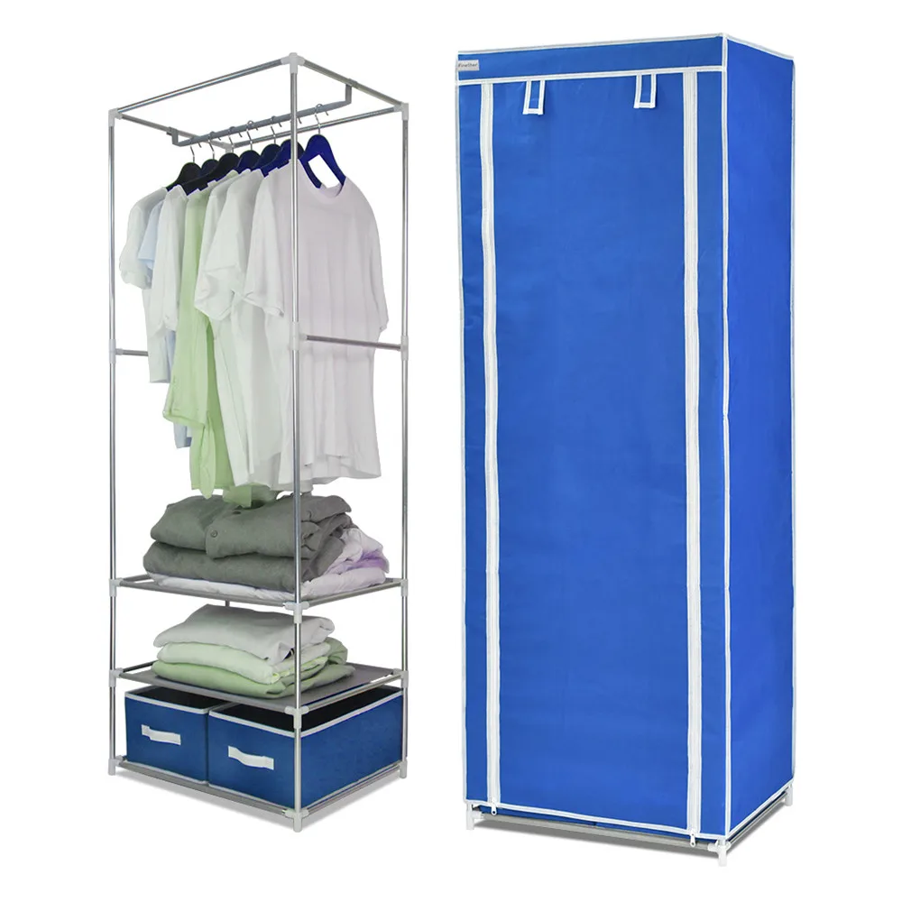 Finether Triple Canvas Clothes Wardrobe Cupboard Hanging Rail With Storage Shelves and 2 drawers storage box -Blue2