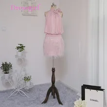 Dressgirl Rosa 2017 Homecoming Kleider Mantel Halfter Short Mini Chiffon Spitze Feder Wulstige Kristalle Cocktailkleider