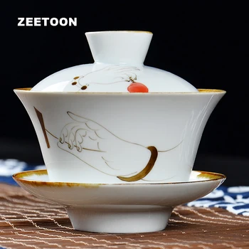 

Zen Japanese Style Vintage Hand Painted Gaiwan White Porcelain Kung Fu Tea Set Tea Bowl Master Tea Cup Creative Teapot 230ml New