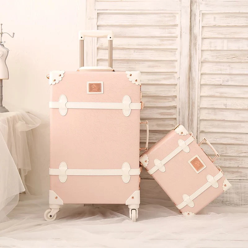 Retro fashion set trolley suitcase with makeup bag women pink spinner carry on travel handmade rolling luggage box cosmetic case