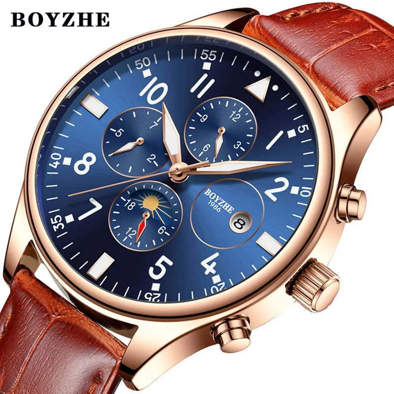 BOYZHE التلقائي الميكانيكية ووتش الرجال أعلى أزياء العلامة التجارية عارضة جلد القمر المرحلة أسبوع مضيئة الرياضة الساعات relogio masculino BOYZHE التلقائي الميكانيكية ووتش الرجال أعلى أزياء العلامة التجارية عارضة جلد القمر المرحلة أسبوع مضيئة الرياضة الساعات relogio masculino