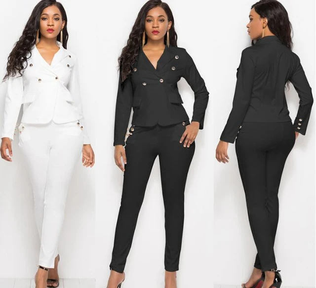 Moda pantolon takım elbise 2 parça Set kadınlar için tek düğme beyaz siyah Blazer  ceket ve pantolon ofis bayan takım elbise Feminino 2022 - AliExpress