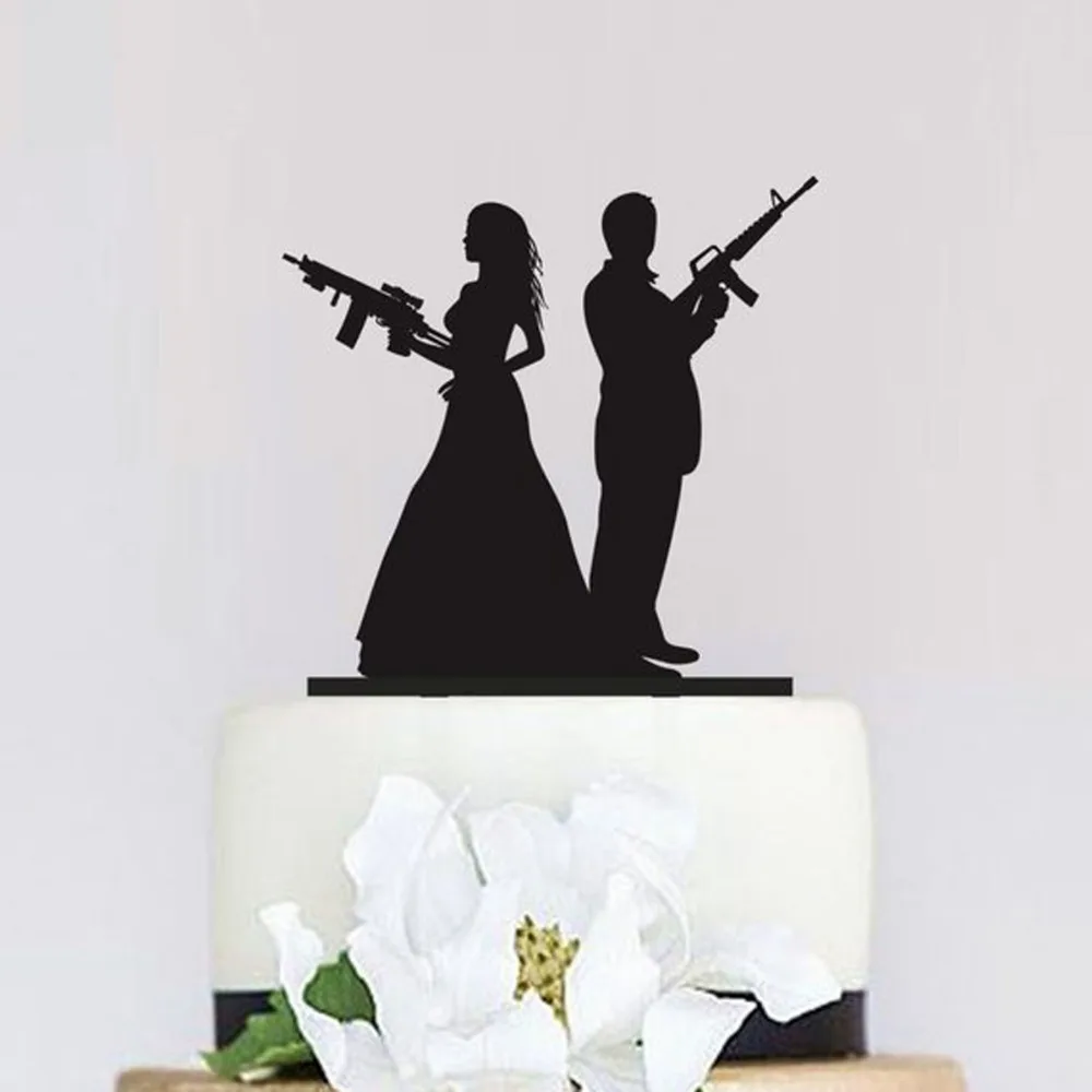 Gun Wedding Cake Topper, Armed Couple silhouette cake topper, Unique Cake Topper, Bride and Groom Wedding Party Decor Supplies