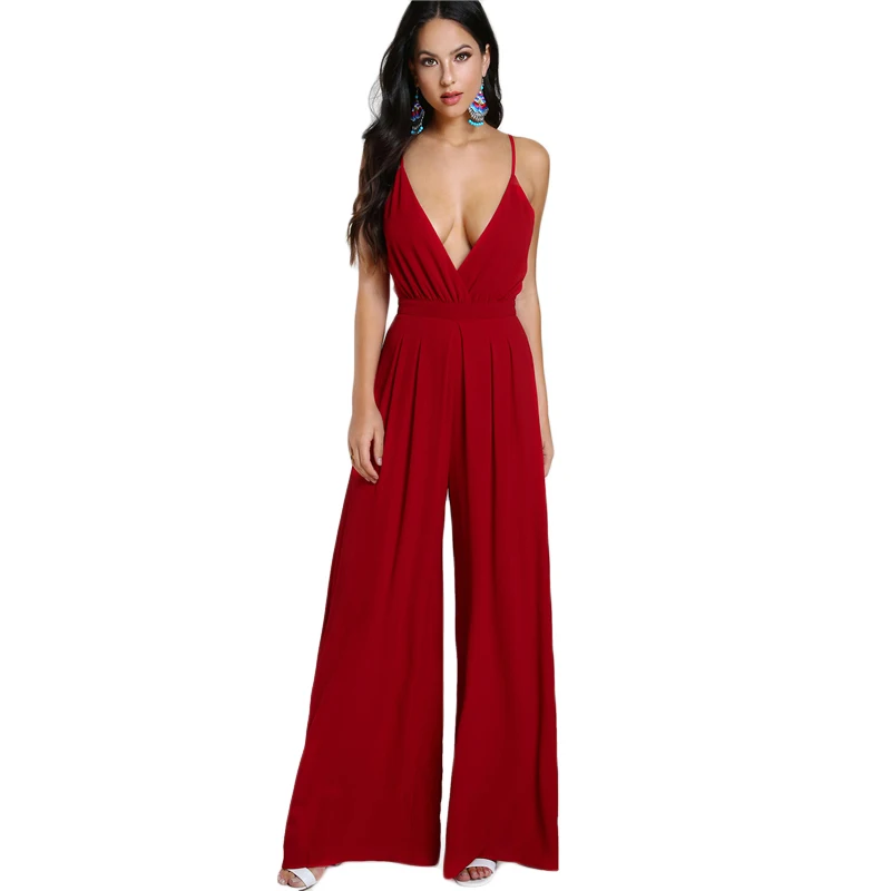 Green Red Elegant V Neck Sleeveless Jumpsuit