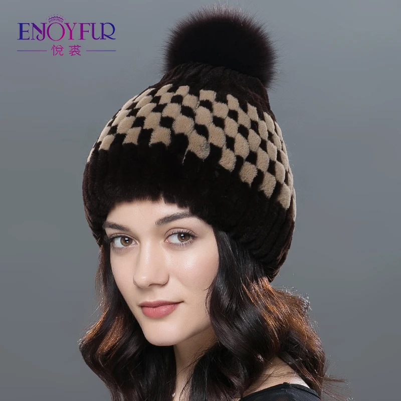 Женская вязаная шапка с помпоном ENJOYFUR зимняя из лисьего меха|fur zebra|fur hat menfur patterns |