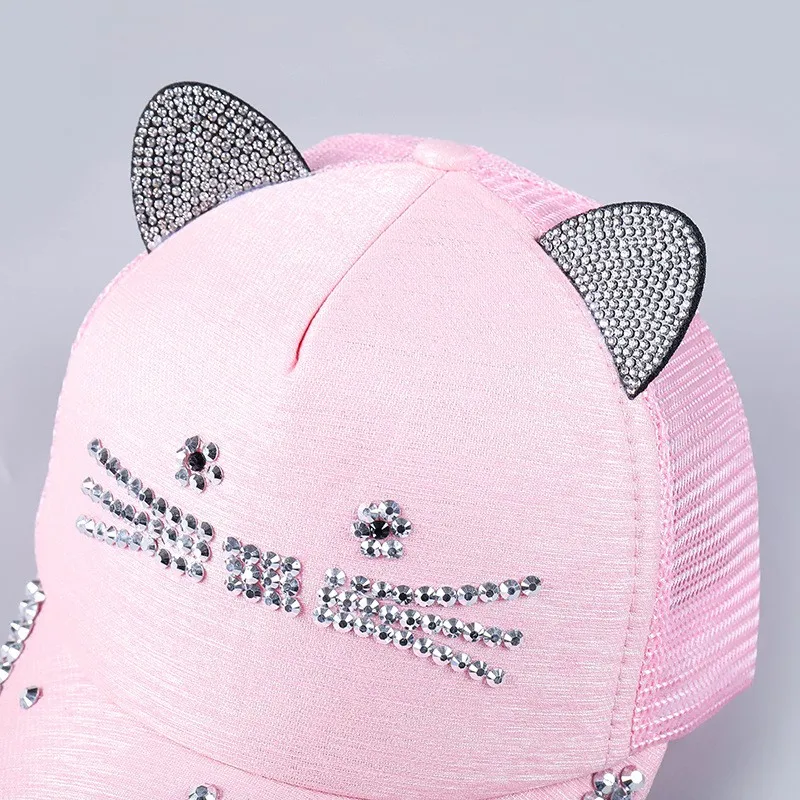 Unisex Baseball Cap Children Cat Ears Rivets Sun Cowboy Hat Snapback Rhinestones Diamond Cap for Boy Girls Casual Cap Bone Gorro