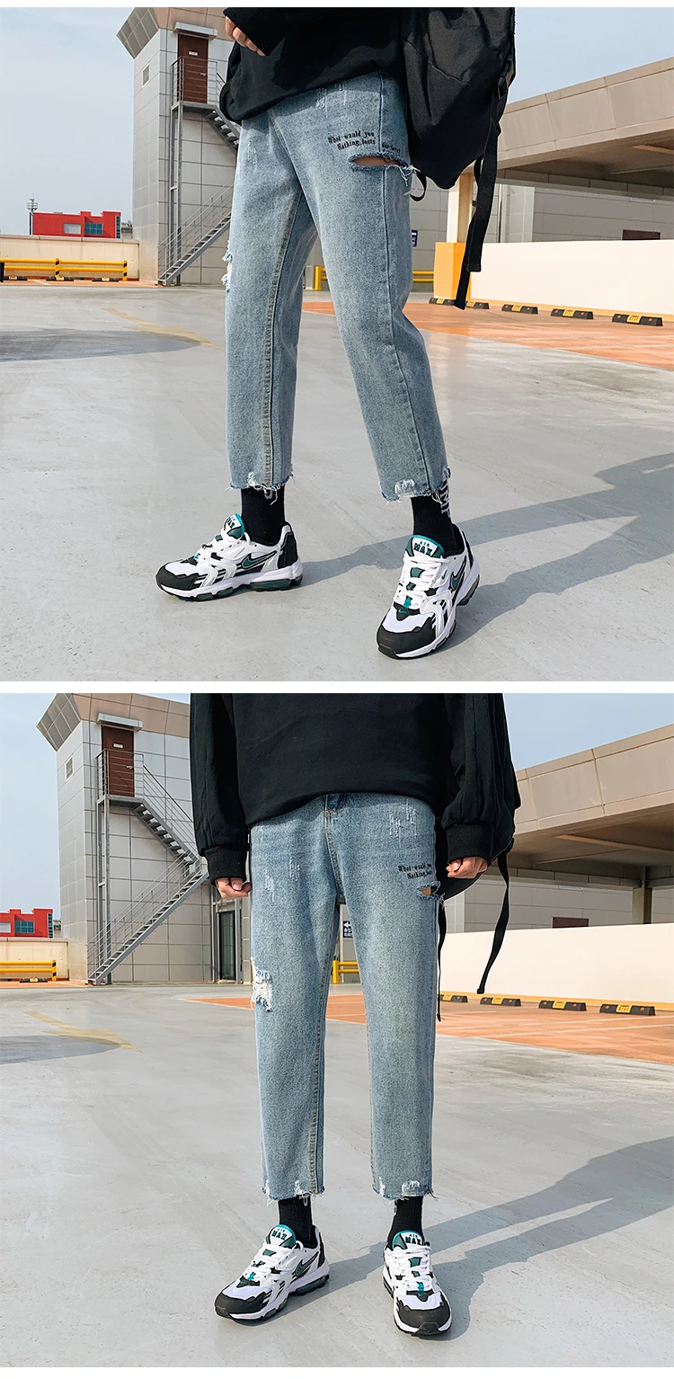 Корейский стиль, мужские повседневные брюки с дырками, классические джинсы, светильник, синий цвет, байкерские джинсовые брюки