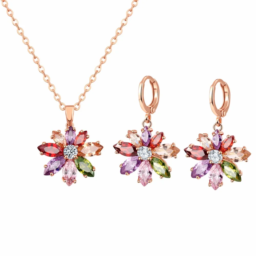 New Flower Shape Rose Gold color Jewelry Sets for Women with Multicolor AAA Zirconia & CZ