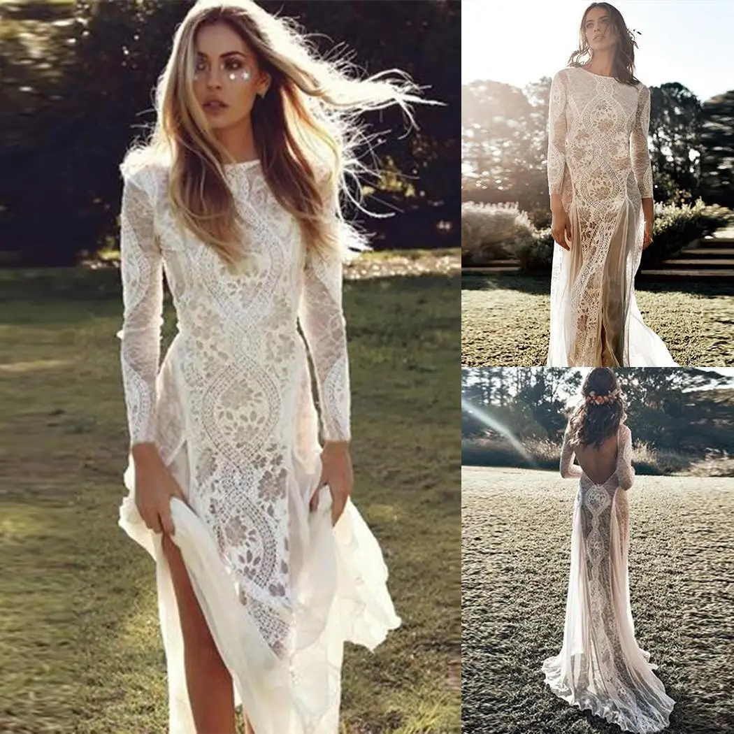 

Women White Lace Dress Elegant Vestidos Sexy Backless Round Neck Long Sleeve Party Maxi Dress Summer Slim Side Split Long Dress
