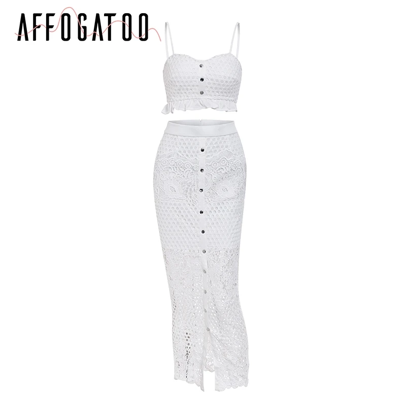 Afogatoo, сексуальный кружевной комплект из двух предметов, женское летнее платье на бретельках, на пуговицах, длинное платье, повседневные, вечерние, для клуба, женское платье - Цвет: Белый