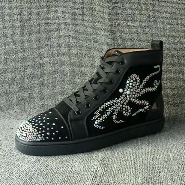 

Hot Octopus Embroidery Crystal Studs Round Toe High Top Men Casual Shoes Lace Up Flats sapato feminino Black Suede Shoes Mens