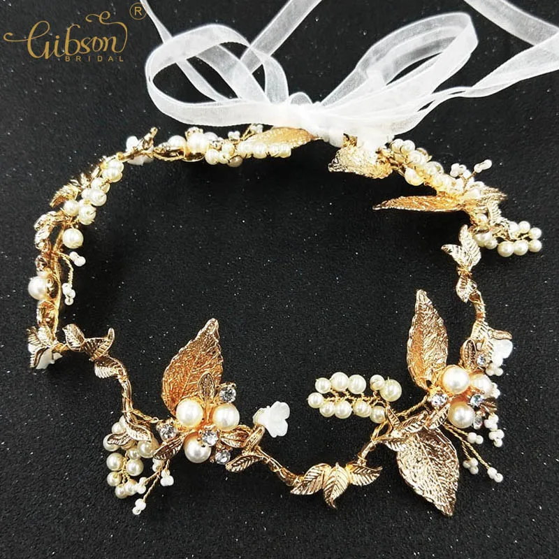 

Handmade Gold Tiara Headband Dainty Pearl Fern Leaf Hair Vine Rustic Wedding Foliage Wreath Hair Jewelry