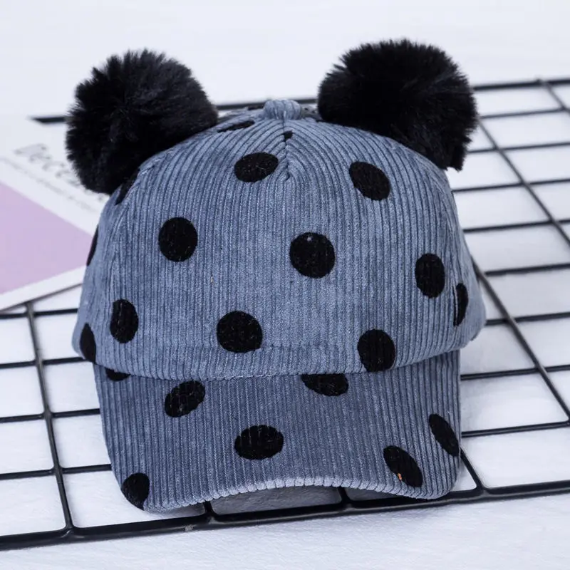 Dots Baby Baseball Hat Toddler Boy Girl Visor Cap Wide Brim Children Pompom Cap Corduroy Warm Fabrics Adjustable Size Infant Hat (4)